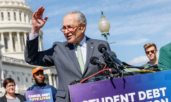 Senate Majority Leader Chuck Schumer (D-N.Y.) speaks during a press conference held to celebrate U.S. President Joe Biden cancelling student debt on Capitol Hill in Washington on Sept. 29, 2022. (Jemal Countess/Getty Images for We, The 45 Million)