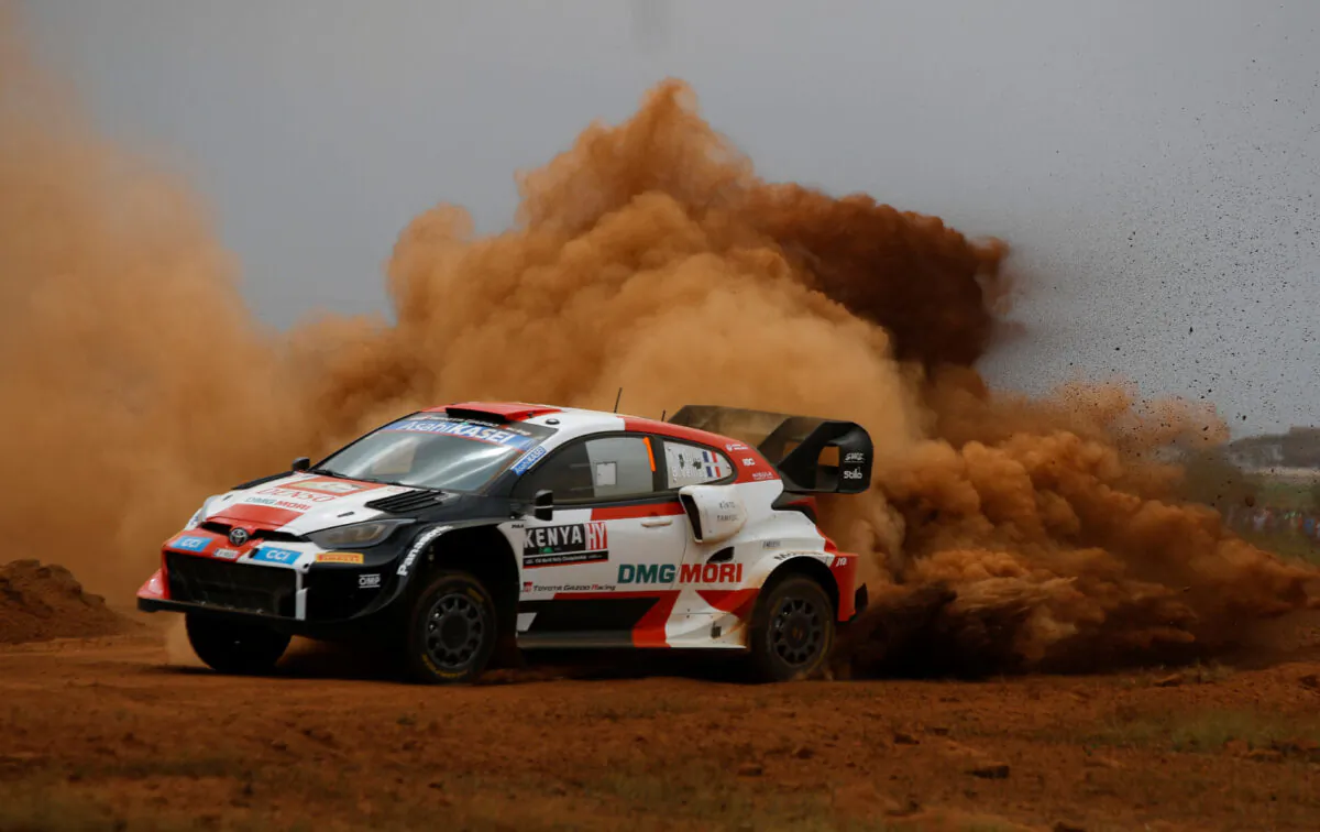 French Toyota driver Sebastien Ogier and co-driver Benjamin Veillas in action during side-by-side super special racing stage at the World Rally Championship in Nairobi, Kenya, on June 23, 2022. (Monicah Mwangi/Reuters)