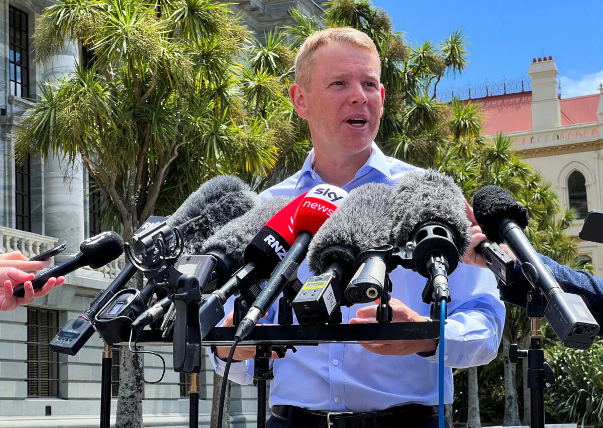 Chris Hipkins speaks to members of the media, after being confirmed as the only nomination to replace Jacinda Ardern as leader of the Labour Party, outside New Zealand's parliament in Wellington, New Zealand, on Jan. 21, 2023. (Lucy Craymer/Reuters)