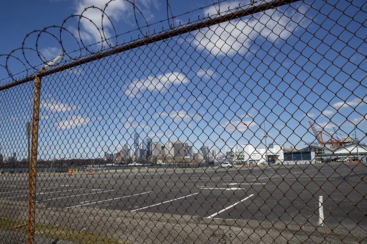 The Manhattan skyline behind the parking lot and terminal of the Brooklyn Cruise Terminal in New York on April 2, 2020. (Mary Altaffer/AP Photo)