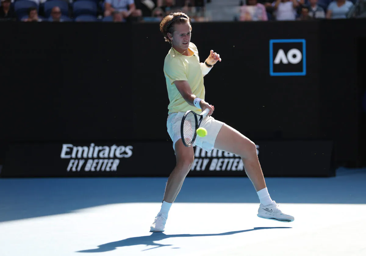 Sebastian Korda of the United States plays a forehand during the fourth round singles match against Hubert Hurkacz of Poland during day seven of the 2023 Australian Open at Melbourne Park in Melbourne, Australia, on Jan. 22, 2023 . (Clive Brunskill/Getty Images)