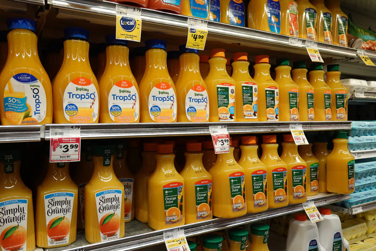 Containers of orange juice are on display in a grocery store in Miami on Jan. 19, 2023. (Joe Raedle/Getty Images)