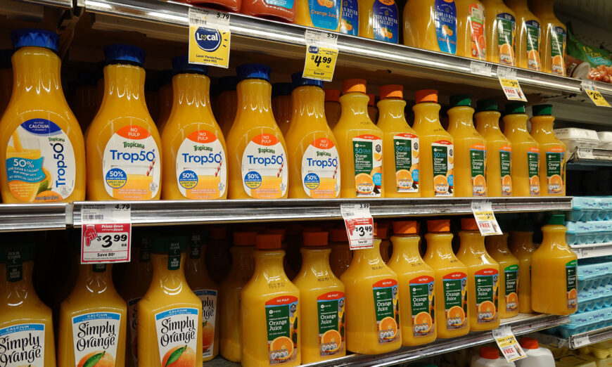Orange juice prices reach all-time highs due to global shortage.