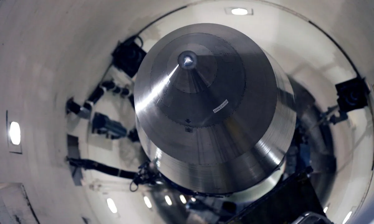 An inert Minuteman III missile in a training launch tube at Minot Air Force Base, N.D., in June 2014. (Charlie Riedel/AP Photo)