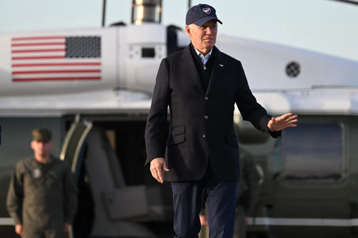 President Joe Biden departs after inspecting flood damage from recent storms, at Moffett Federal Airfield in Santa Clara county in Mountain View, Calif., on Jan. 19, 2023. (Andrew Caballero-Reynolds/AFP via Getty Images)