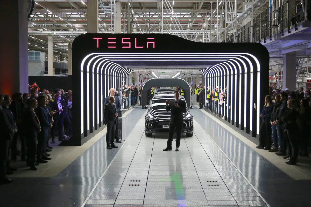 Tesla CEO Elon Musk speaks during the official opening of a Tesla manufacturing plant near Gruenheide, Germany, on March 22, 2022. (Christian Marquardt - Pool/Getty Images)