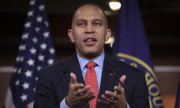 House Minority Leader Hakeem Jeffries (D-N.Y.) answers questions during a press conference at the U.S. Capitol on Jan. 12, 2023 in Washington. (Win McNamee/Getty Images)