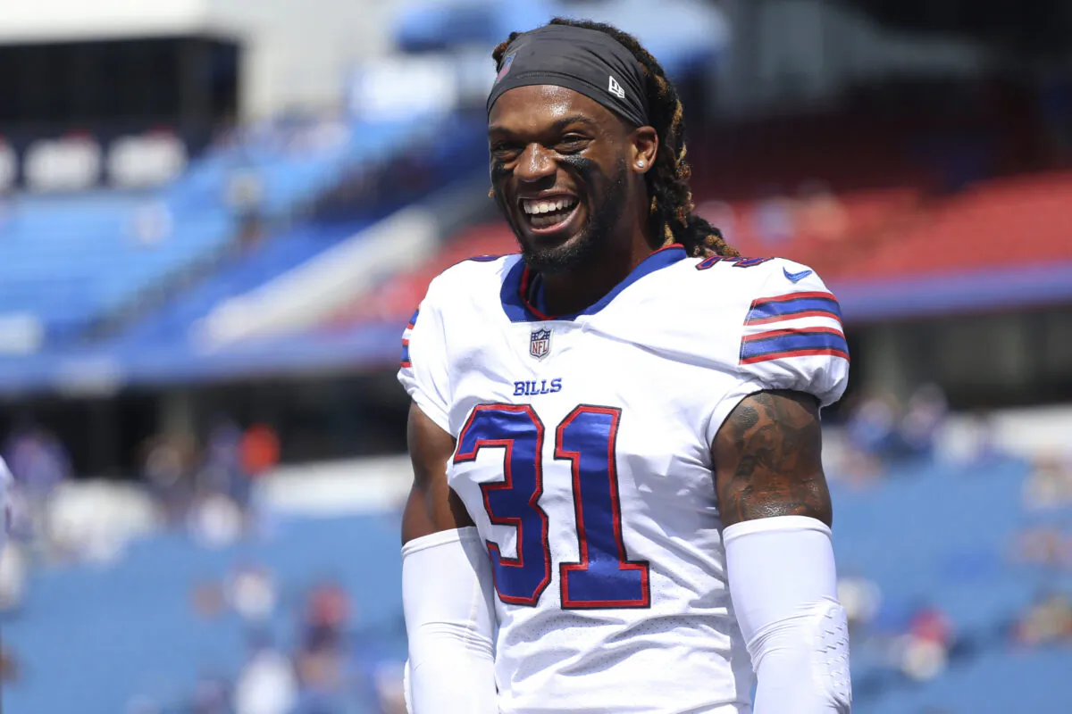 Buffalo Bills safety Damar Hamlin smiles prior to the start of the first half of a preseason NFL football game in Orchard Park, N.Y., on Aug. 28, 2021. (Joshua Bessex/AP Photo)