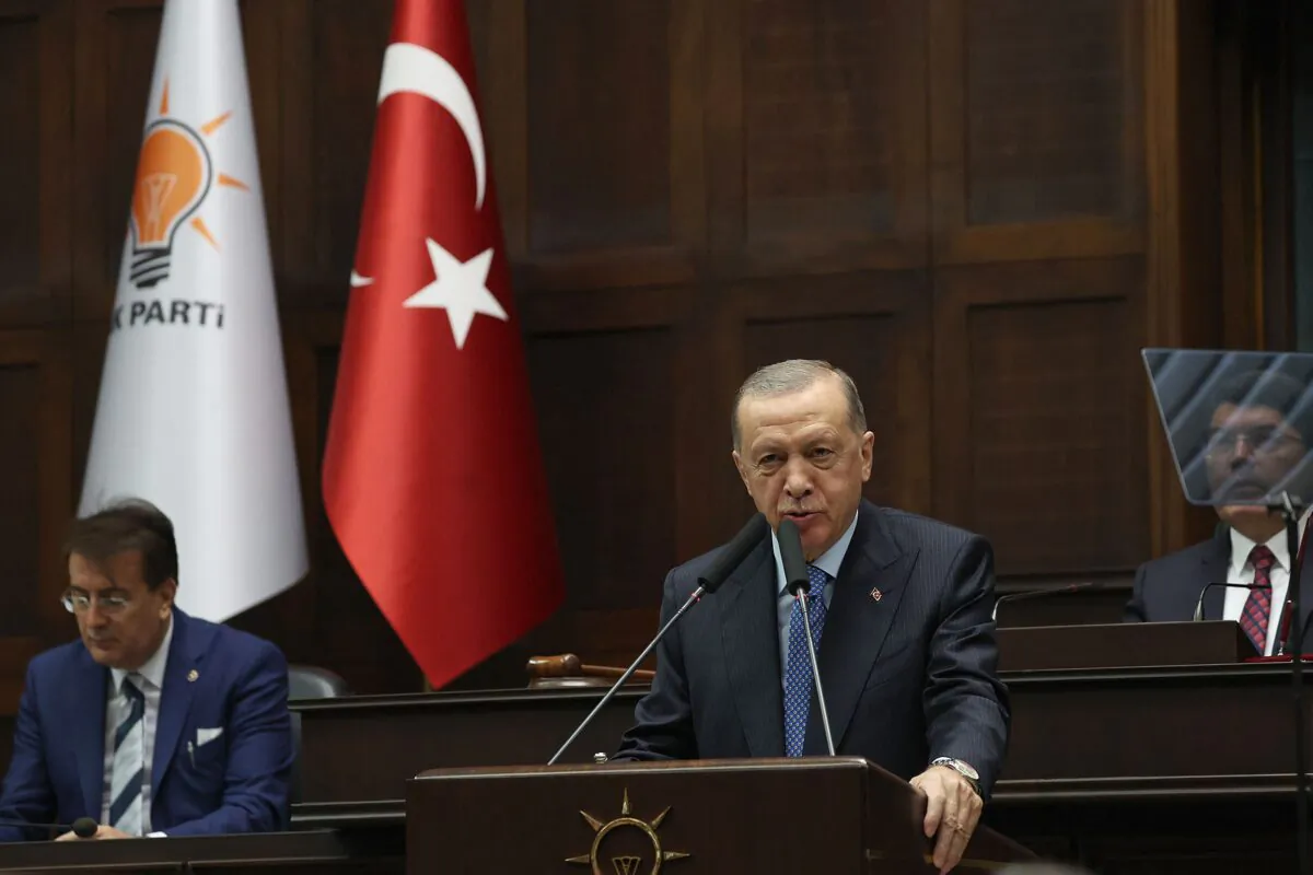 Turkish President and leader of the Justice and Development (AK) Party Recep Tayyip Erdogan (C) delivers a speech during his party's group meeting at Turkish Grand National Assembly in Ankara, Turkey, on Dec. 21, 2022. (Adem Altan/AFP via Getty Images)