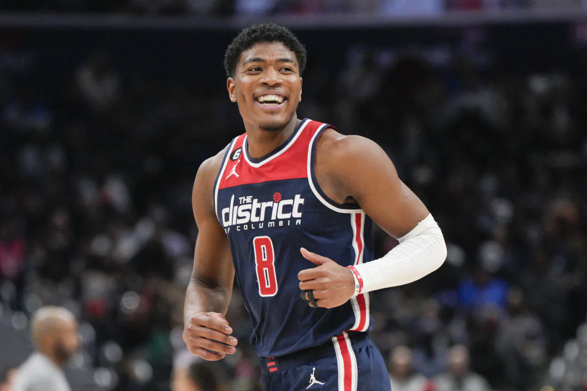 Washington Wizards forward Rui Hachimura (8) smiles after scoring against the Orlando Magic during the second half of an NBA basketball game in Washington on Jan. 21, 2023. (Jess Rapfogel/AP Photo)