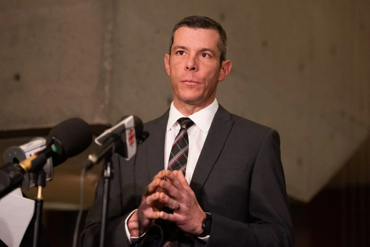 Fortin speaks to members of the media following an acquittal in his case at a Gatineau, Que., courthouse on Dec. 5, 2022. (The Canadian Press/Spencer Colby)