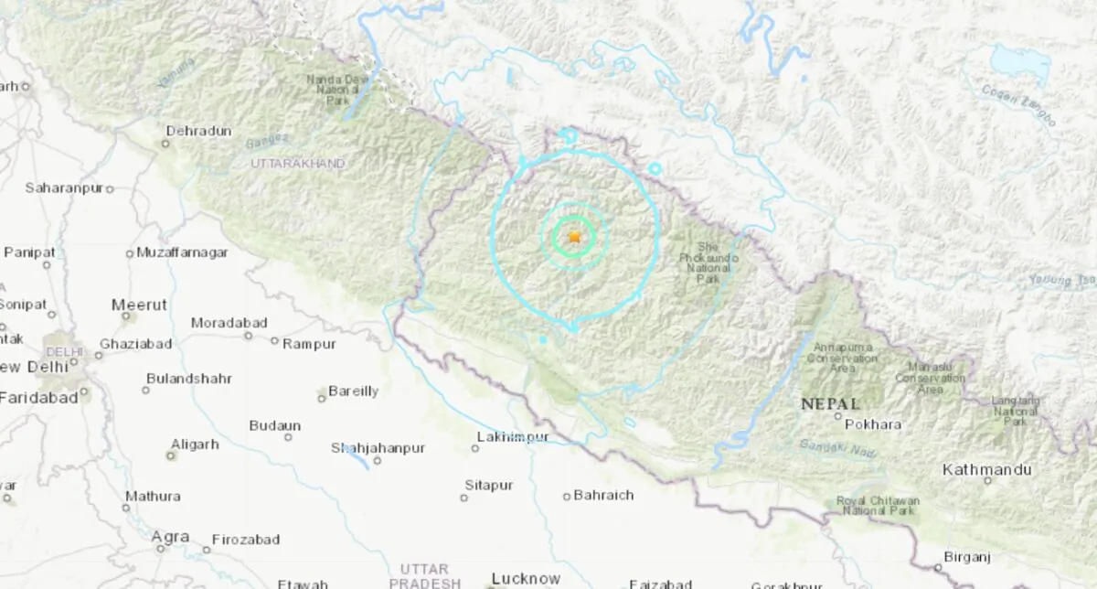 A map showing the location of a magnitude 5.6 earthquake that struck the area in Bajura district in the west of Nepal, on Jan. 24, 2023. (USGS/Screenshot via The Epoch Times)