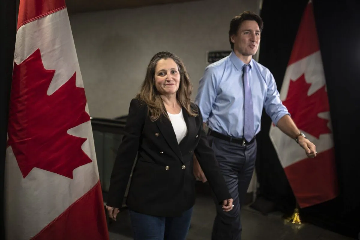 Deputy Prime Minister and Finance Minister Chrystia Freeland, along with Prime Minister Justin Trudeau, arrive at the Hamilton Convention Centre, in Hamilton, Ont., ahead of the Liberal Cabinet retreat, on Jan. 23, 2023. (The Canadian Press/Nick Iwanyshyn)
