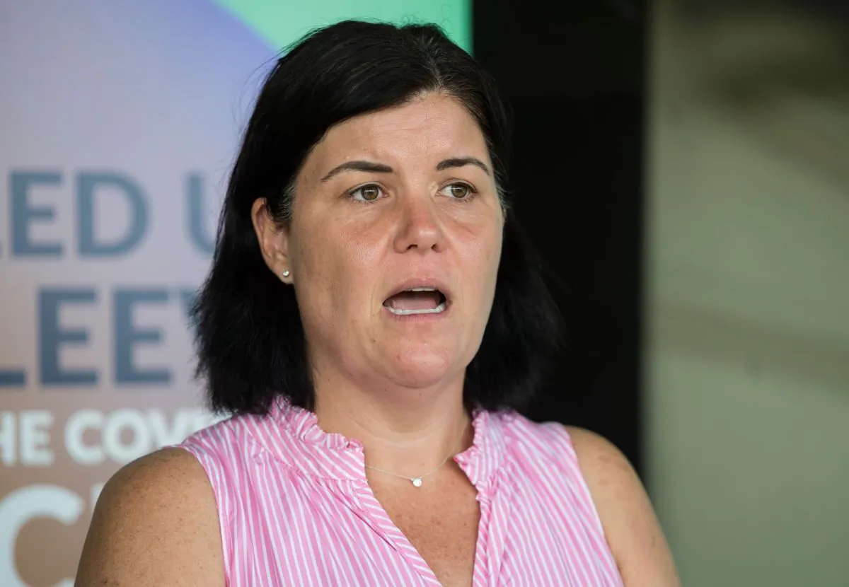Northern Territory Chief Minister Natasha Fyles speaks to media at a pop-up COVID-19 vaccination clinic in Darwin, Monday, August 8, 2022. (AAP Image/Aaron Bunch) 