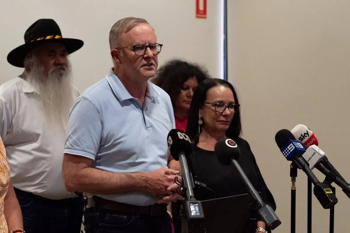 Prime Minister Anthony Albanese speaks to media during a press conference in Alice Springs, Northern Territory, Tuesday, January 24, 2023. (AAP Image/Pin Rada)