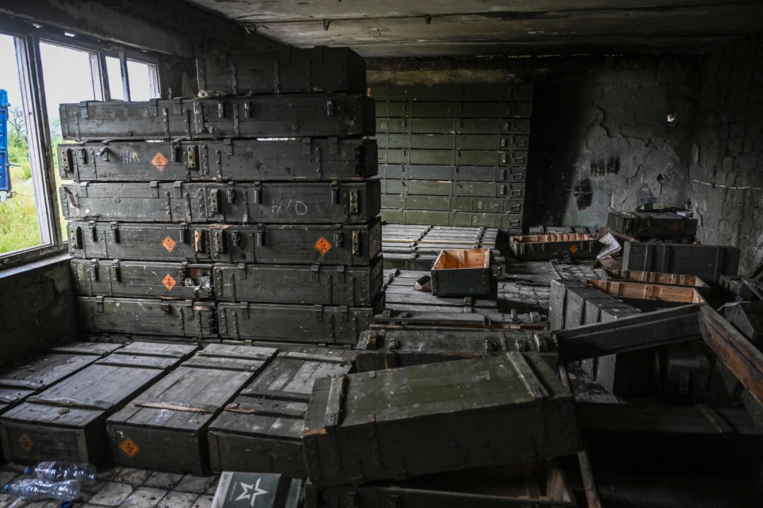 Abandoned munitions crates are seen on the outskirts of Izyum, in the Kharkiv region of Ukraine, amid the Russian invasion of Ukraine, on Sept. 14, 2022. (Juan Barreto/AFP via Getty Images)