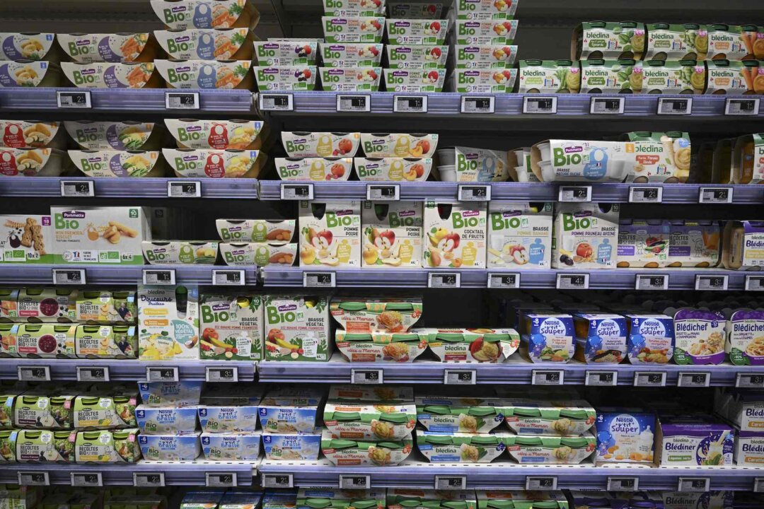 This photograph taken on November 3, 2022 shows baby food on a supermarket shelf in Septemes-les-Vallons near Marseille. (Christophe Simon/AFP via Getty Images)