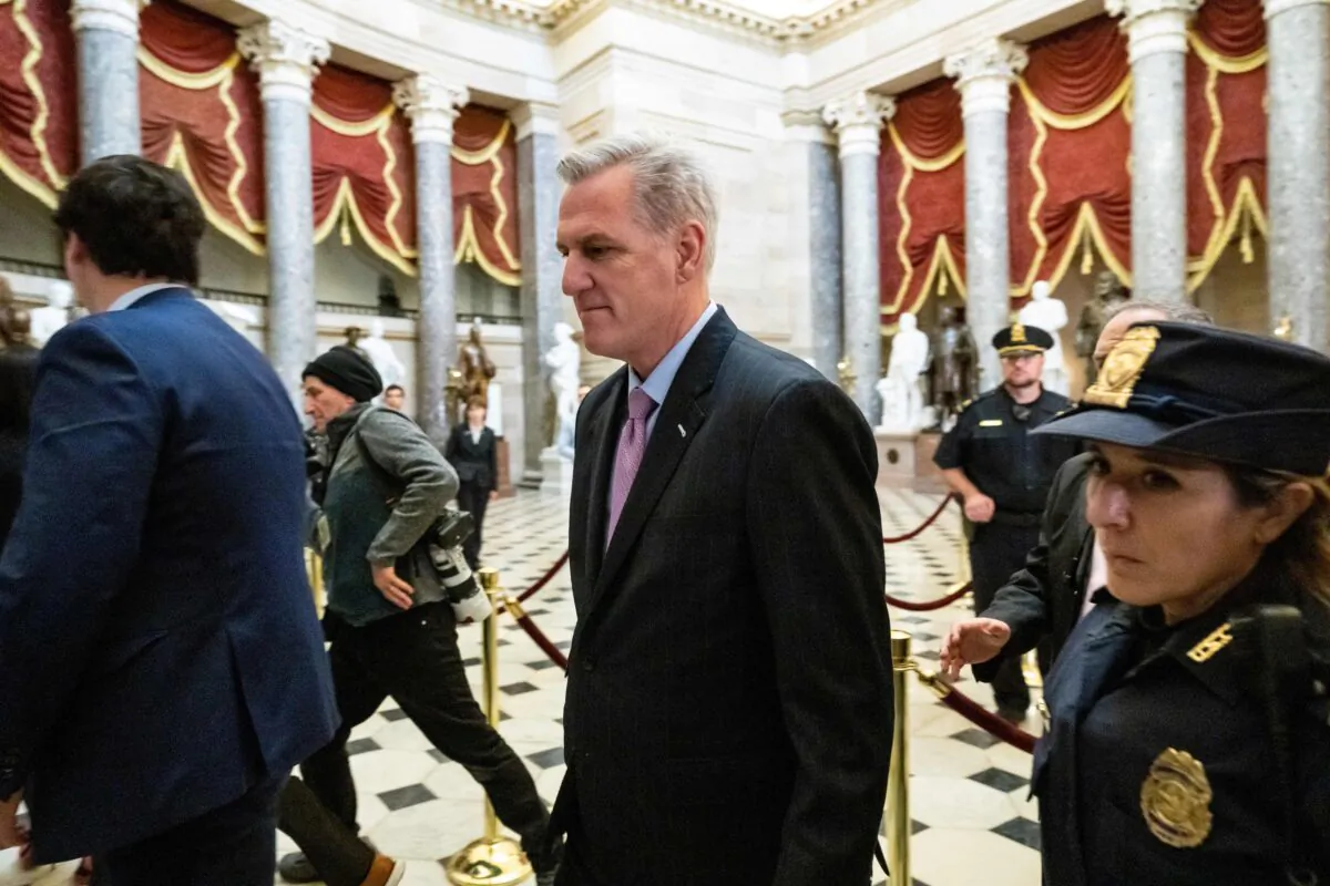 U.S. Speaker of the House Kevin McCarthy, Republican of California, leaves after holding a press conference in Statuary Hall at the US Capitol in Washington on Jan. 12, 2023. (Saul Loeb/AFP via Getty Images)