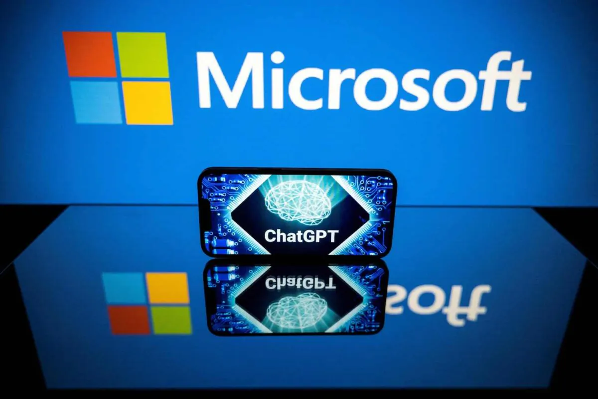 Screens displaying the logos of Microsoft and ChatGPT, a conversational artificial intelligence application software developed by OpenAI. (Lionel Bonaventure/AFP via Getty Images)