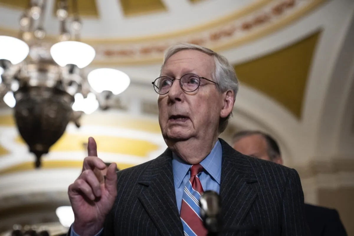 Senate Minority Leader Mitch McConnell (R-K.Y.) speaks during a news conference following a closed-door lunch meeting with Senate Republicans at the U.S. Capitol in Washington Jan. 24, 2023. (Drew Angerer/Getty Images)