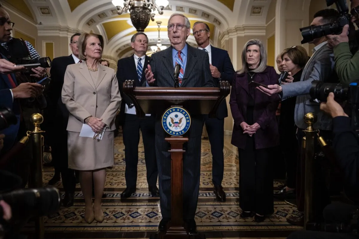 Senate Minority Leader Mitch McConnell (R-Ky.) speaks during a news conference following a closed-door lunch meeting with Senate Republicans at the U.S. Capitol in Washington on Jan. 24, 2023. (Drew Angerer/Getty Images)