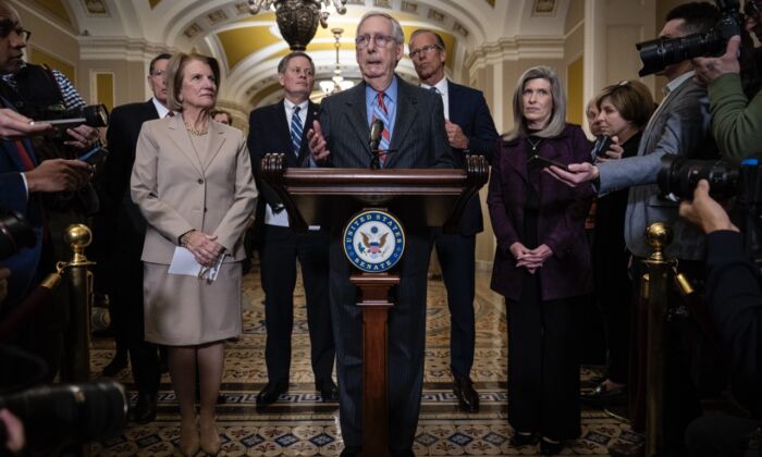 Senate Minority Leader Mitch McConnell (R-Ky.) speaks during a news conference following a closed-door lunch meeting with Senate Republicans at the U.S. Capitol in Washington on Jan. 24, 2023. (Drew Angerer/Getty Images)