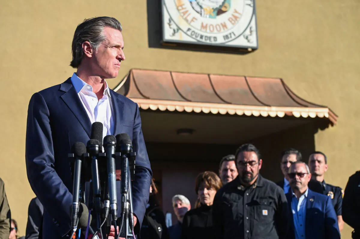 California governor Gavin Newsom speaks at the Half Moon Bay I.D.E.S. Society on the aftermath of a shooting at the Spanish Town shops in Half Moon Bay, California, on January 24, 2023. - A suspected gunman was in custody January 23, over the killing of seven people in a rural community in northern California, just two days after a mass shooting at a Lunar New Year celebration near Los Angeles. (Photo by Samantha Laurey / AFP) (Photo by SAMANTHA LAUREY/AFP via Getty Images)