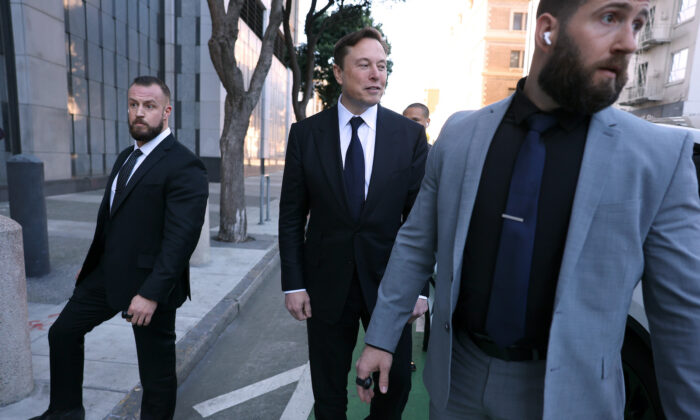 Tesla CEO Elon Musk leaves the Phillip Burton Federal Building in San Francisco, Calif. on Jan. 24, 2023. (Justin Sullivan/Getty Images)