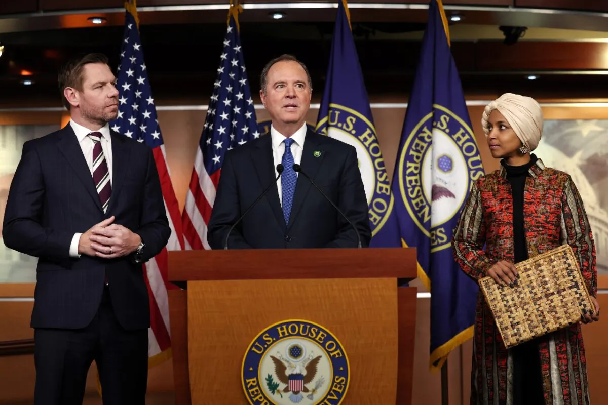 Rep. Adam Schiff (D-Calif.) (C), joined by Rep. Eric Swalwell (D-Calif.) and Rep. Ilhan Omar (D-Minn.), speaks at a press conference on committee assignments for the 118th U.S. Congress, at the U.S. Capitol Building on January 25, 2023 in Washington, DC. (Kevin Dietsch/Getty Images)