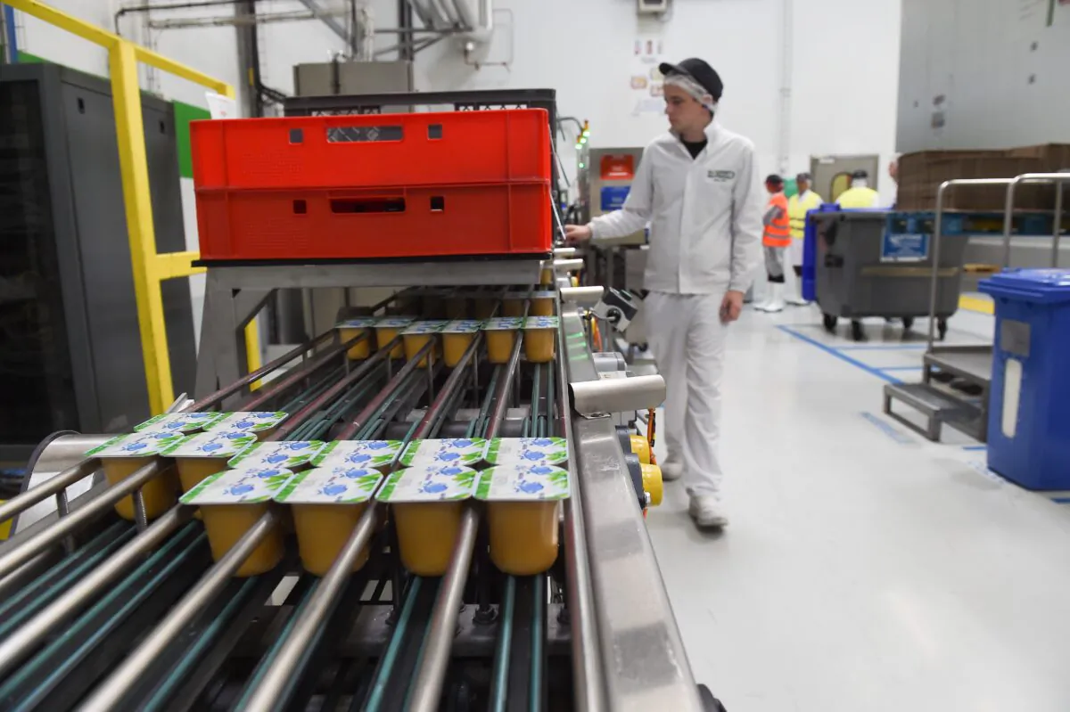 An employee selects apples on the production line at a baby food production plant in Arches, eastern France, on May 11, 2017. (Sebastien Bozon/AFP via Getty Images)