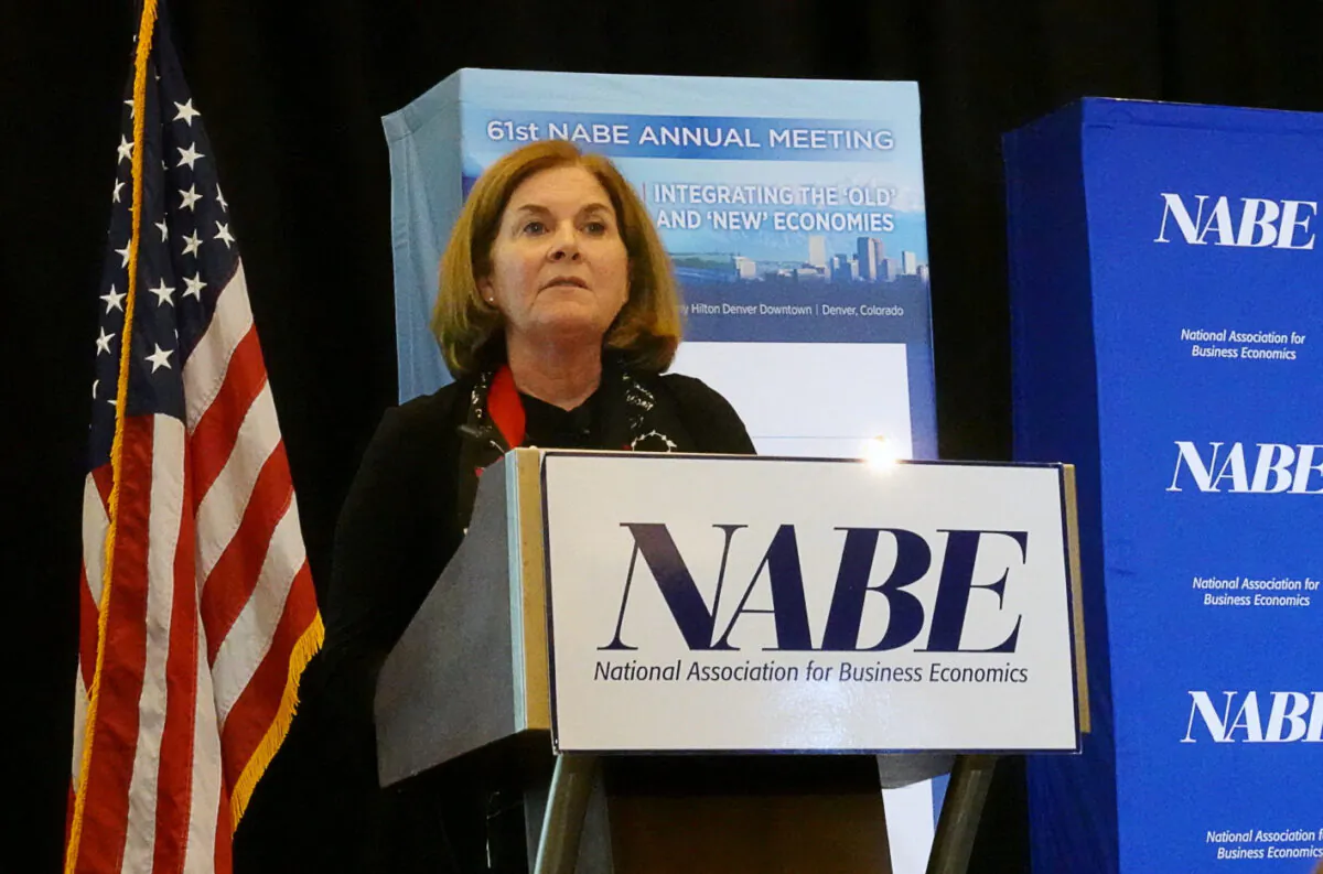 Kansas City Federal Reserve Bank President Esther George addresses the National Association for Business Economics (NABE) in Denver on Oct. 6, 2019. (Ann Saphir/Reuters)