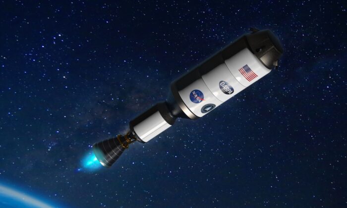 Artist concept of Demonstration for Rocket to Agile Cislunar Operations (DRACO) spacecraft, which will demonstrate a nuclear thermal rocket engine that could be used for future NASA crewed missions to Mars. (Courtesy of DARPA)
