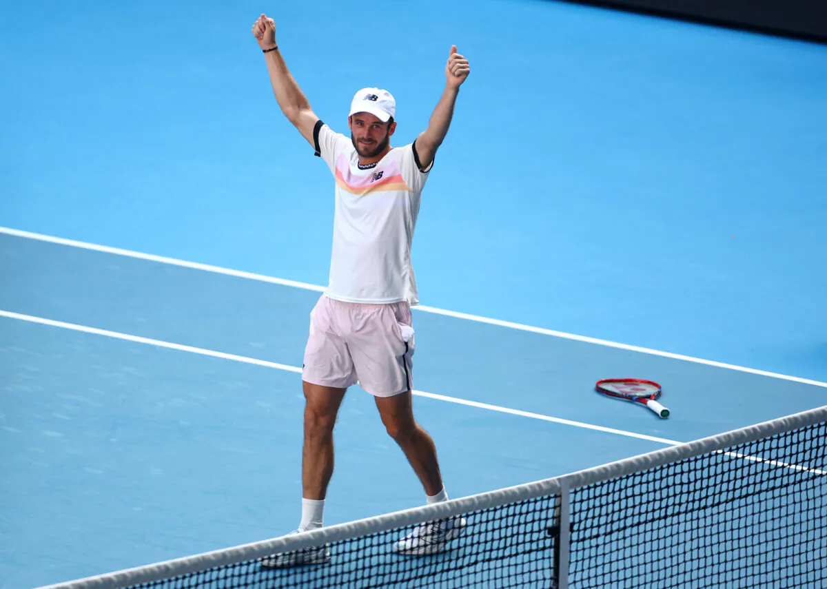 Tommy Paul of the U.S. celebrates winning his quarter final match against Ben Shelton of the U.S. during the Australian Open tennis match at Melbourne Park in Melbourne, Australia, on Jan. 25, 2023. (Hannah Mckay/Reuters)