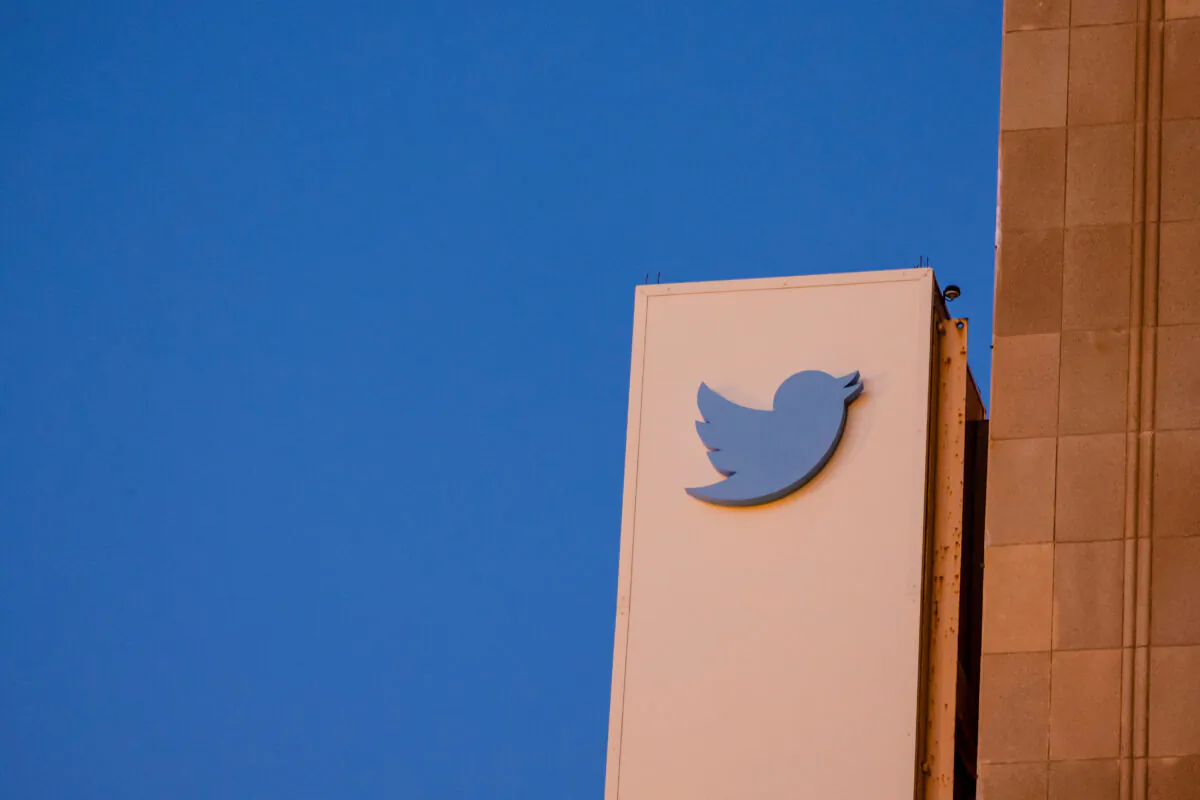 The Twitter logo at its corporate headquarters in San Francisco on Oct. 27, 2022. (Carlos Barria/Reuters)