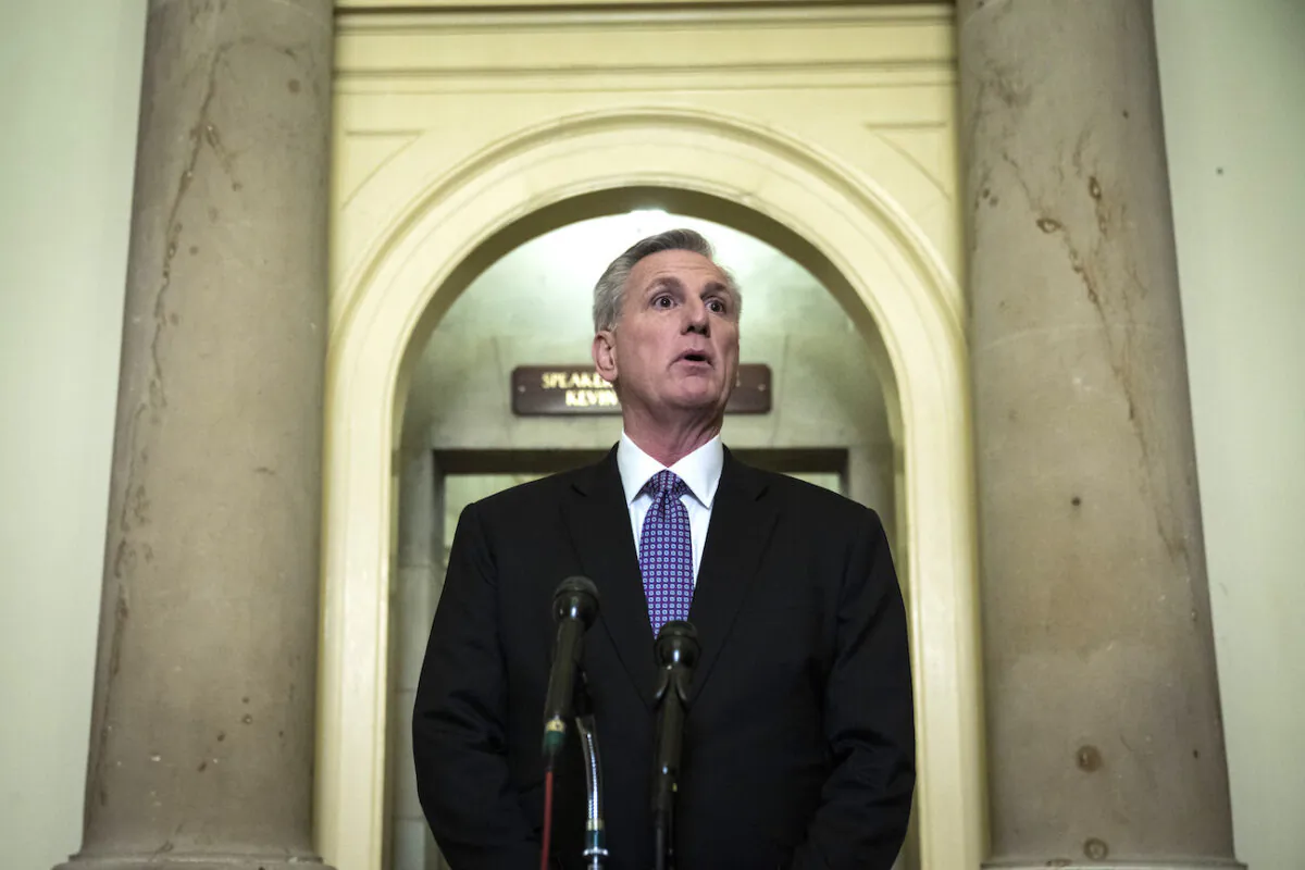 House Speaker Kevin McCarthy (R-Calif.) speaks at the U.S. Capitol in Washington on Jan. 24, 2023. (Drew Angerer/Getty Images)