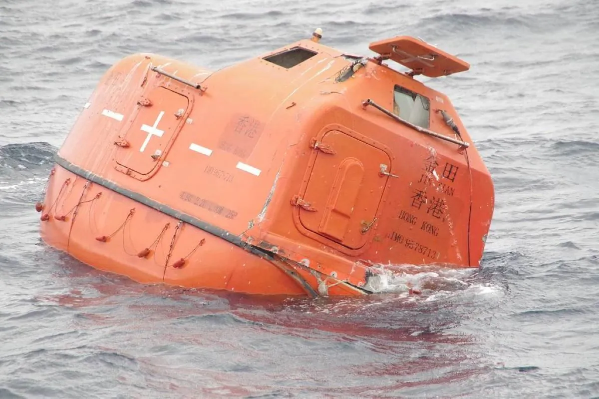 A lifeboat drifts at sea near the site of a cargo ship that sank off southwestern Japan in this handout image released on Jan. 25, 2023. (Courtesy of 7th Regional Coast Guard Headquarters—Japan Coast Guard/Handout via Reuters)