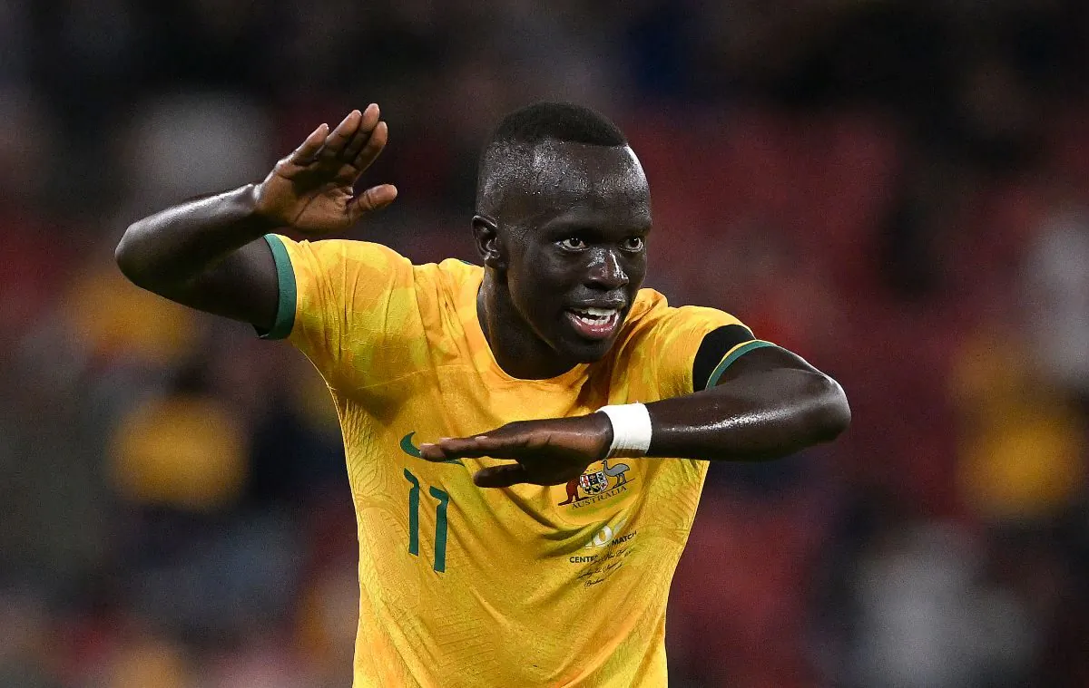 Awer Mabil of Australia reacts after scoring a goal during the International Men's Friendly match between the Australian Socceroos and the New Zealand All Whites at Suncorp Stadium in Brisbane, Thursday, September 22, 2022. (AAP Image/Dave Hunt