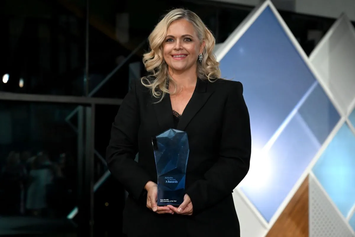 2023 Australian of the Year Taryn Brumfitt poses for photos after the 2023 Australian of the Year Awards ceremony at the National Arboretum in Canberra, Wednesday, January 25, 2023