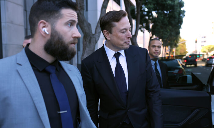 Tesla CEO Elon Musk leaves the Phillip Burton Federal Building in San Francisco, Calif., on Jan. 24, 2023. (Justin Sullivan/Getty Images)