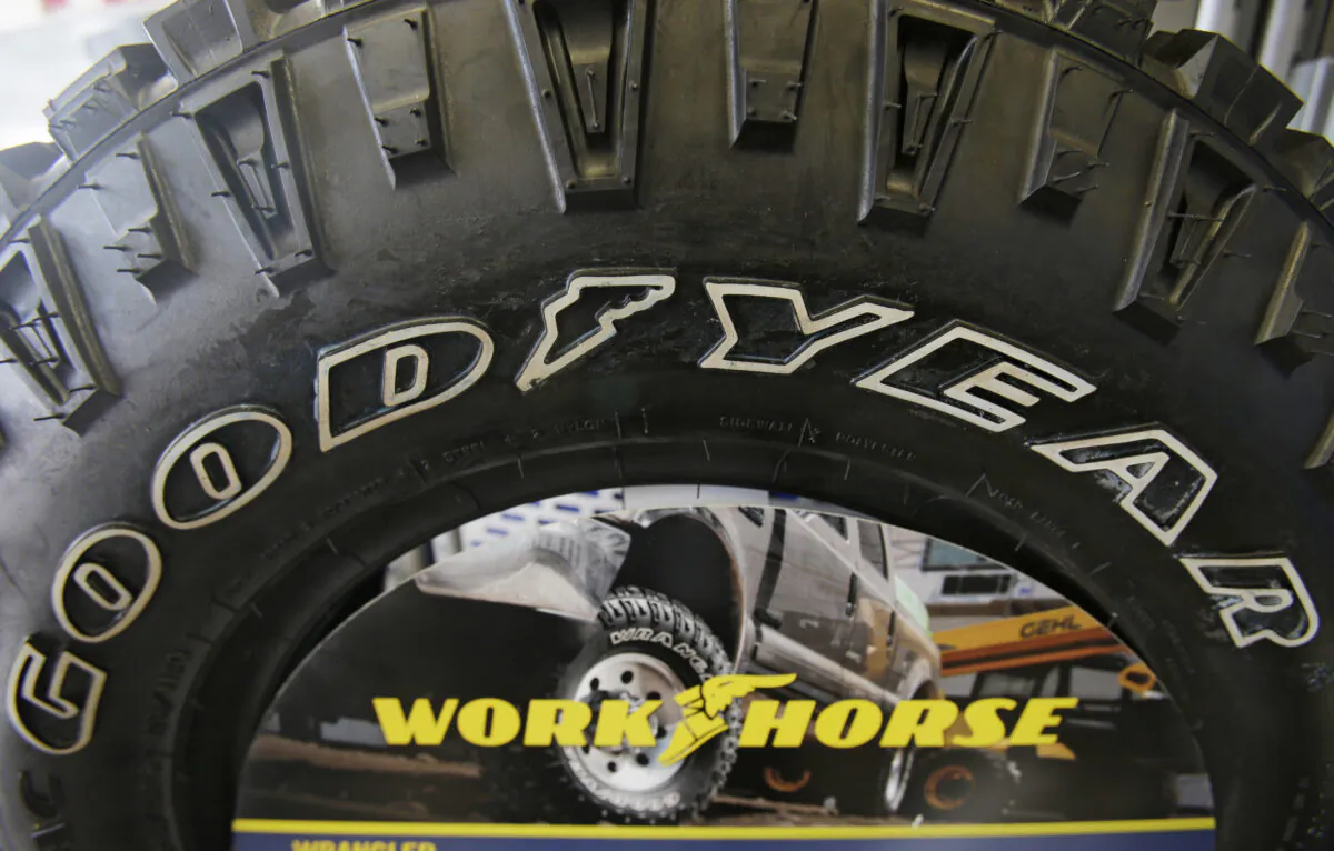A Goodyear tire sits on display at a tire shop in South Euclid, Ohio, on Feb. 12, 2014. (Tony Dejak/AP Photo)