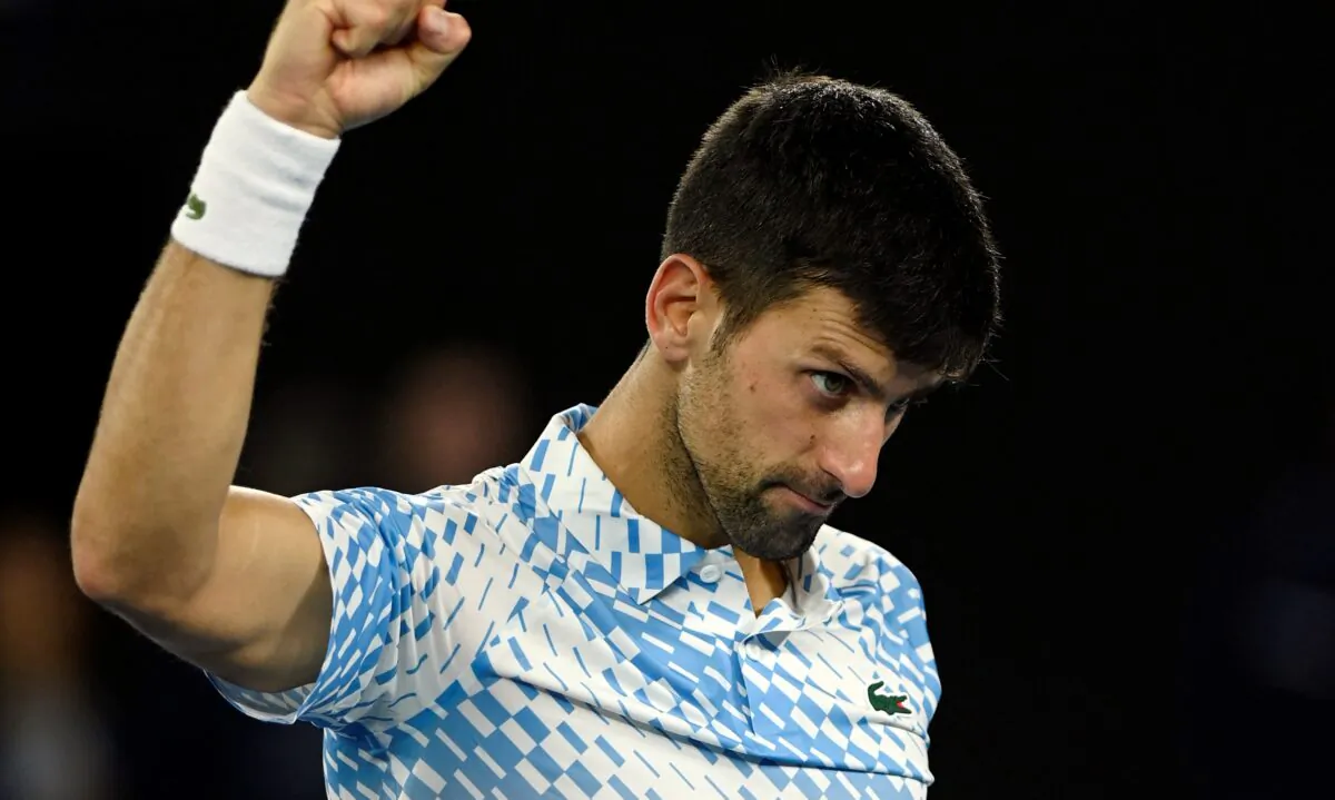 Serbia’s Novak Djokovic celebrates winning his quarter final match against Russia’s Andrey Rublev during the Australian Open, in Melbourne Park, Melbourne, Australia, on Jan. 25, 2023. (Jaimi Joy/Reuters)