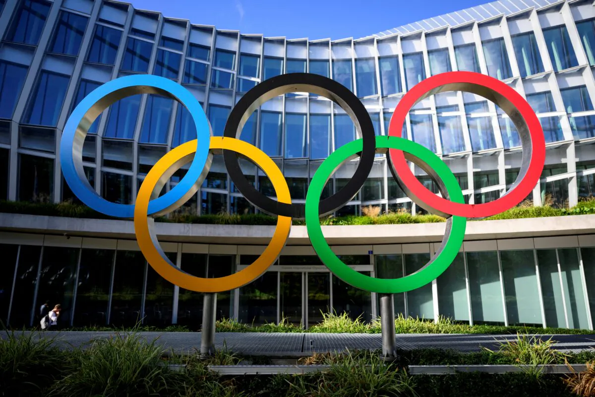 Olympic Rings in front of The Olympic House, headquarters of the International Olympic Committee (IOC) at the opening of the executive IOC board meeting in Lausanne, Switzerland, on Sept. 8, 2022. (Laurent Gillieron/Reuters)