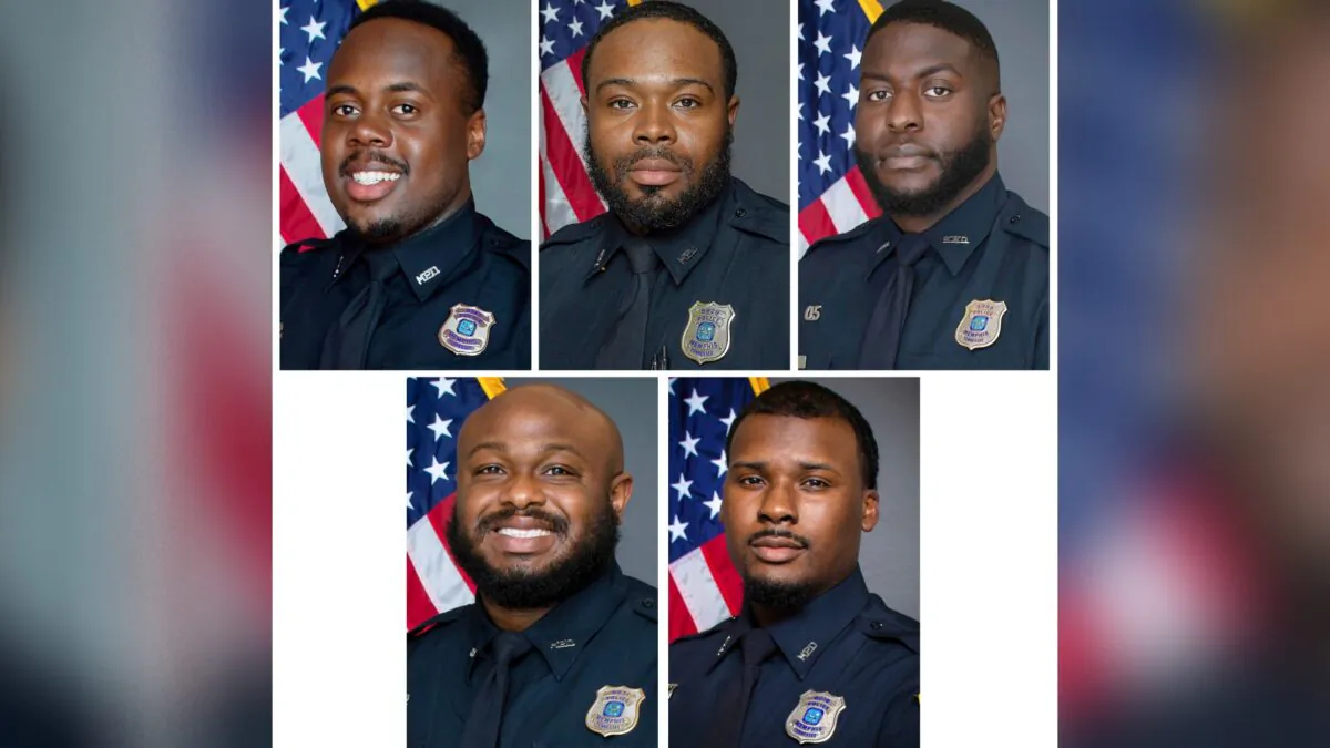 This combo of images provided by the Memphis Police Department shows (top L–R) officers Tadarrius Bean, Demetrius Haley, Emmitt Martin III, (bottom L–R) Desmond Mills Jr., and Justin Smith. (Memphis Police Department via AP)