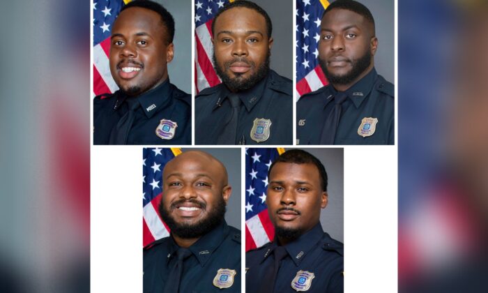 This combo of images provided by the Memphis Police Department shows (top L–R) officers Tadarrius Bean, Demetrius Haley, Emmitt Martin III, (bottom L–R) Desmond Mills Jr., and Justin Smith. (Memphis Police Department via AP)