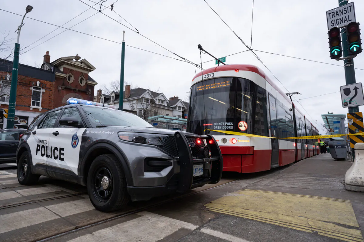 Police cars surround a TTC streetcar on Spadina Ave. in Toronto on Jan. 24, 2023, after a stabbing incident. (The Canadian Press/Arlyn McAdorey)