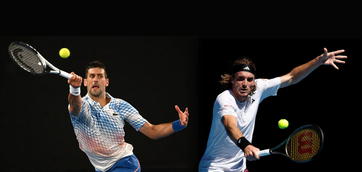 In this composite image a comparison has been made between Novak Djokovic (L) and Stefanos Tsitsipas. They will meet in the Australian Open Men’s Final on Jan. 29, 2023 at Melbourne Park in Melbourne, Australia. 
(L) Novak Djokovic of Serbia plays a forehand in the Semifinal singles match against Tommy Paul of the United States during day 12 of the 2023 Australian Open at Melbourne Park on Jan. 27, 2023 in Melbourne, Australia. (Quinn Rooney/Getty Images) 
(R)Stefanos Tsitsipas of Greece plays a backhand in the Semifinal singles match against Karen Khachanov during day 12 of the 2023 Australian Open at Melbourne Park in Melbourne, Australia, on Jan. 27, 2023. (Darrian Traynor/Getty Images)