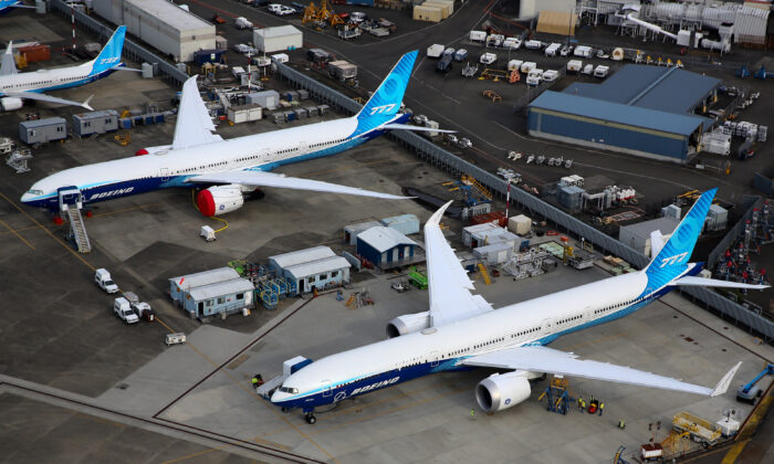 Boeing 777X airplanes parked at King County International Airport-Boeing Field in Seattle on June 1, 2022. (Lindsey Wasson/Reuters)