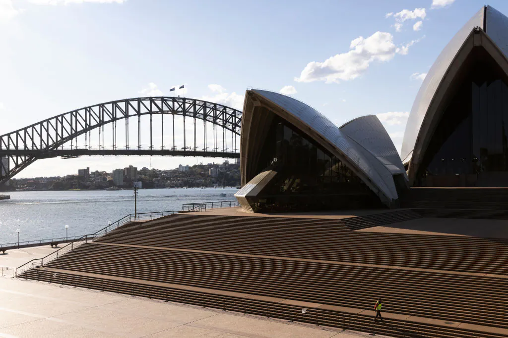 A general view of a near empty Sydney Opera House forecourt in Sydney, Australia, on Aug. 20, 2021. (Brook Mitchell/Getty Images)