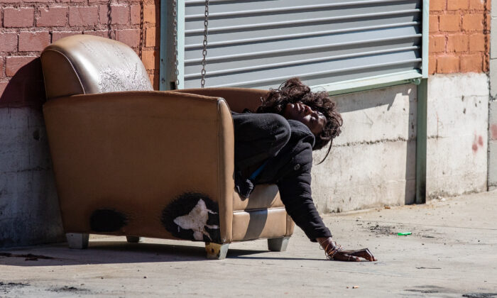 A homeless individual in Los Angeles, Calif., on Jan 27, 2023. (John Fredricks/The Epoch Times)