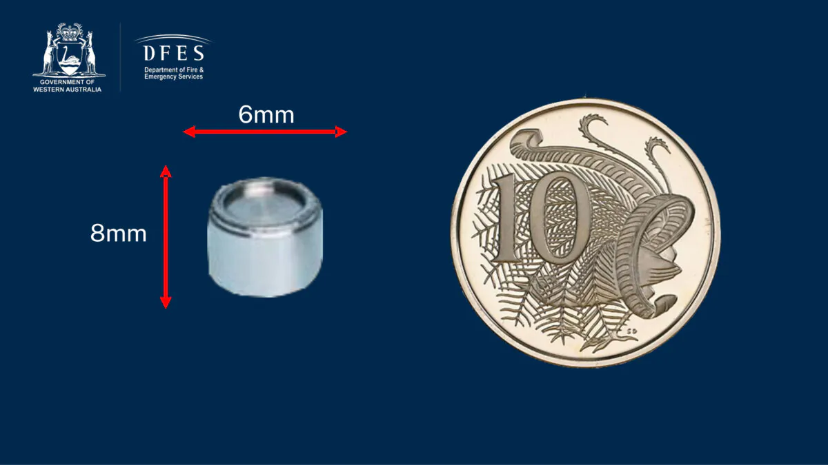 A supplied image obtained on Jan. 27, 2023, of a small round and silver capsule containing radioactive Caesium-137 that went missing in transportation between a mine site north of Newman and the north-eastern parts of Perth between Jan. 10-16. (AAP Image/Supplied by Department of Fire and Emergency Services WA)